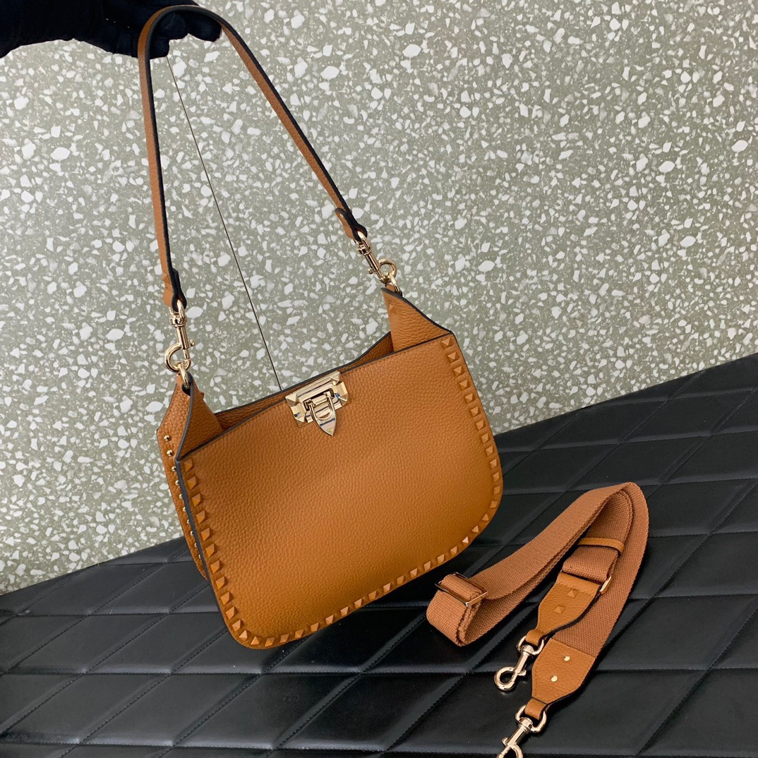 Valentino Garavani Rockstud Hobo Bag in Brown Grainy Calfskin